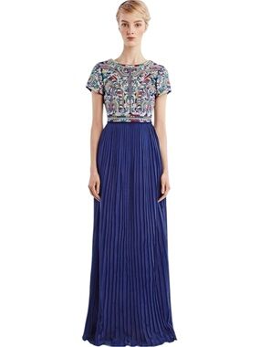 Candela Arabella Dress Navy Embroidered Pleated Open Back